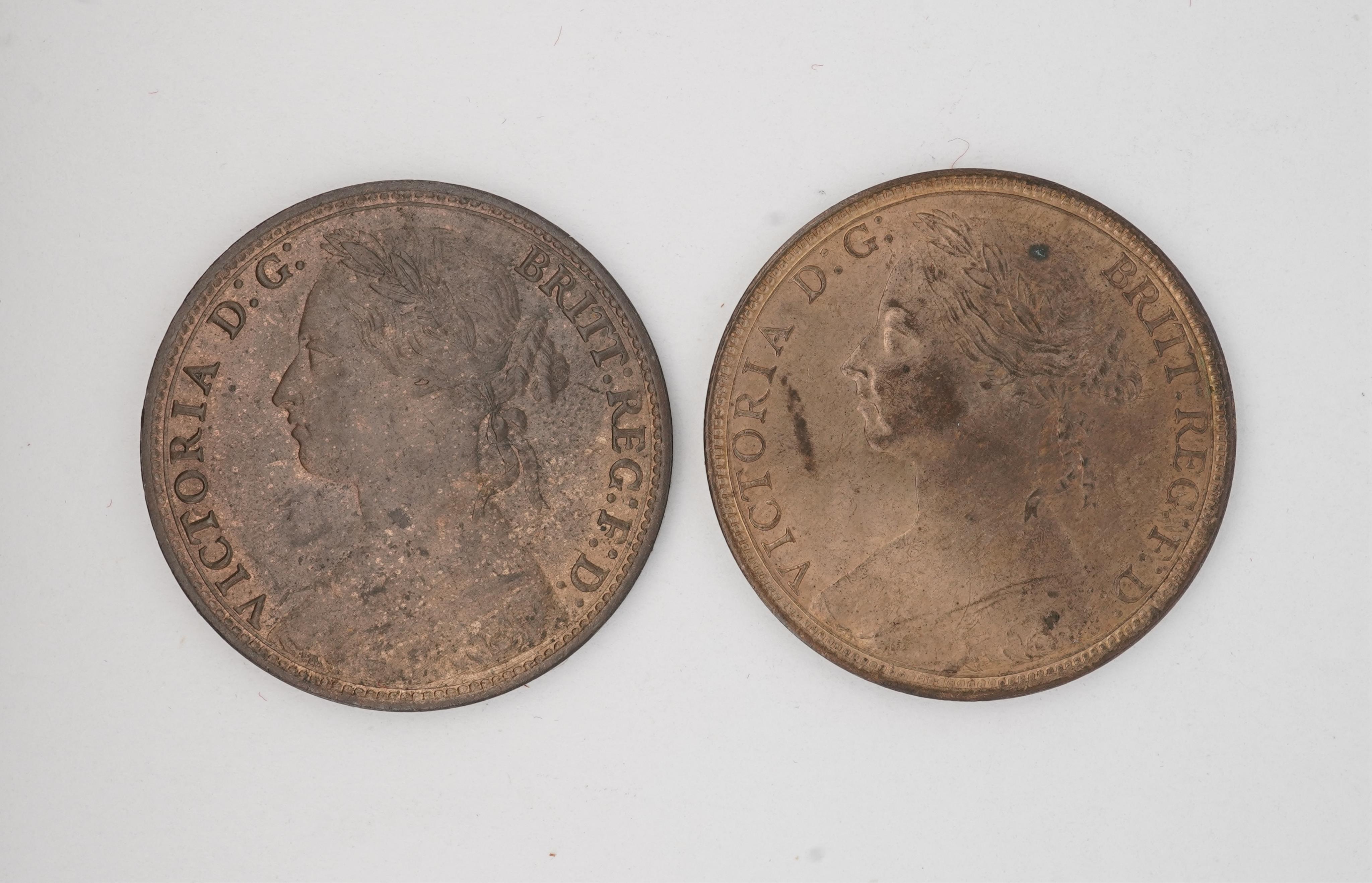 British coins, Victoria, two bronze pennies;, 1879, Fr. 97, Gouby dies M/k, good VF, lustre, 1890, Fr. 130, Gouby dies R/r, about UNC, near full lustre